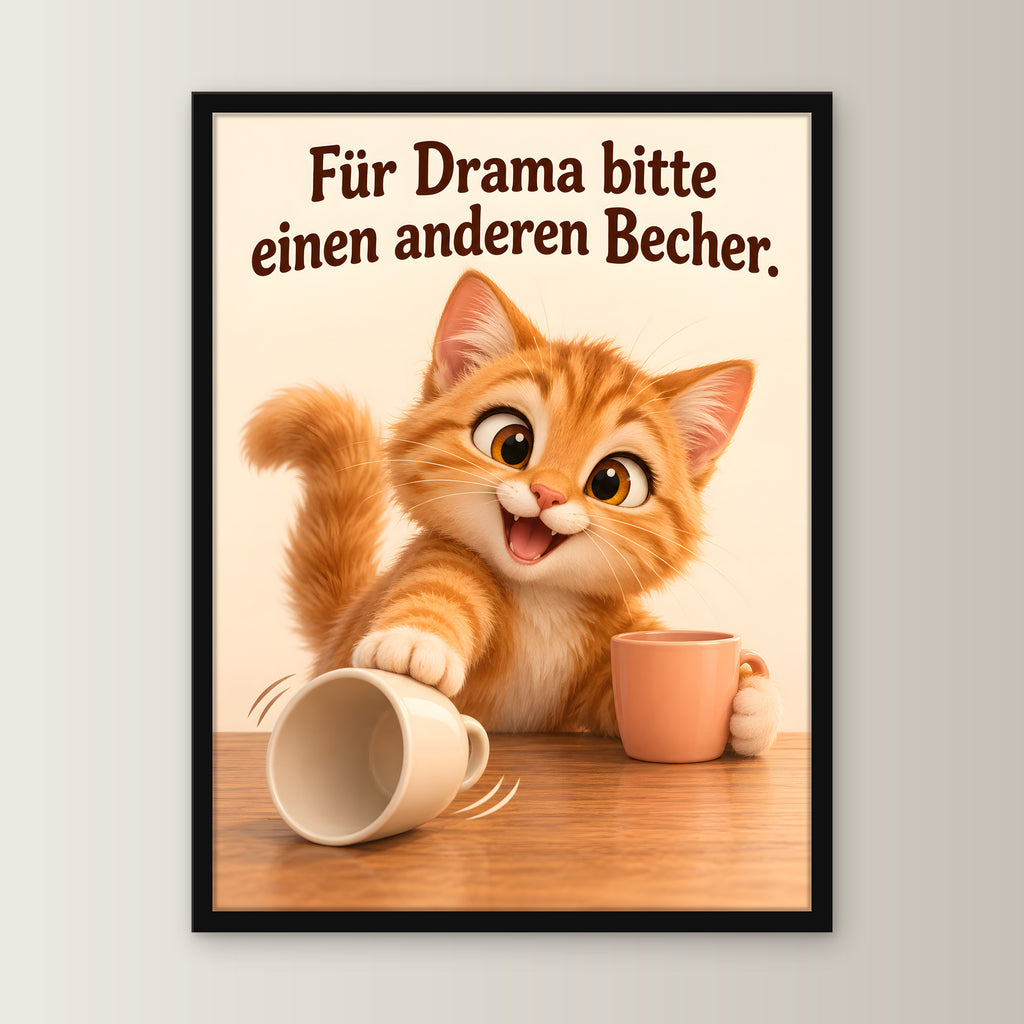 Drama weiterreichen – Gerahmtes Katzenbild – Frontalansicht im schwarzen Holzrahmen, ohne Passepartout; M 30×40, L 45×60 und XL 60×80 cm.
