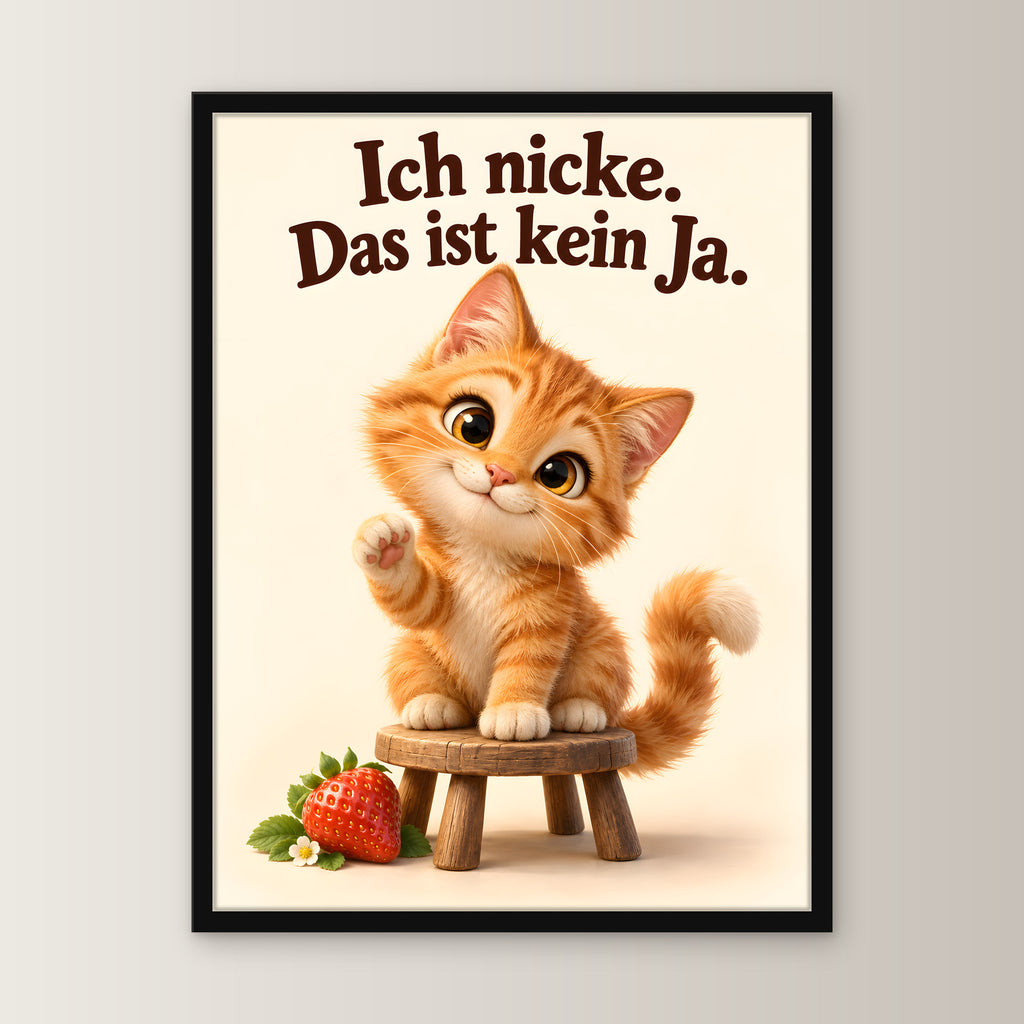 Freundliches Nicken – Gerahmtes Katzenbild – Frontalansicht im schwarzen Holzrahmen, ohne Passepartout; M 30×40, L 45×60 und XL 60×80 cm.