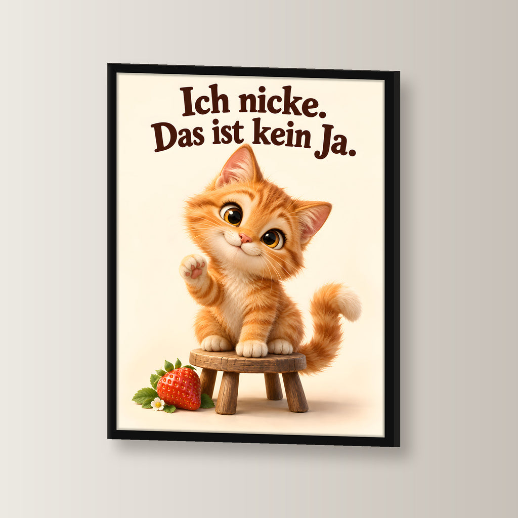 Freundliches Nicken – Gerahmtes Katzenbild. Spruch: Ich nicke. Das ist kein Ja. Schwarzer Rahmen ohne Passepartout. 2 WINKEL. 30×40 cm.