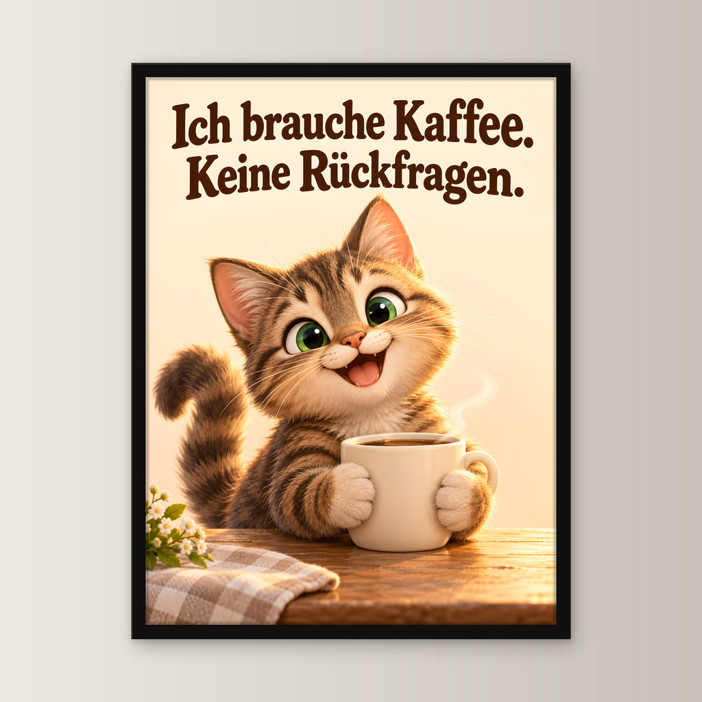 Kaffeeklammerei – Gerahmtes Katzenbild – Frontalansicht im schwarzen Holzrahmen, ohne Passepartout; M 30×40, L 45×60 und XL 60×80 cm.