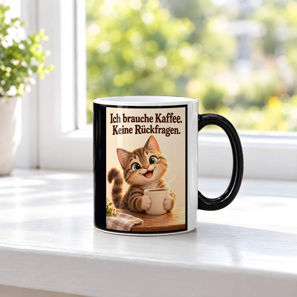 Kaffeeklammerei – Katzentasse mit Spruch. Spruch: Ich brauche Kaffee. Keine Rückfragen. Beidseitige Motivansicht. 3 FENSTER HEISS. Zaubertasse: Wärmeeffekt.