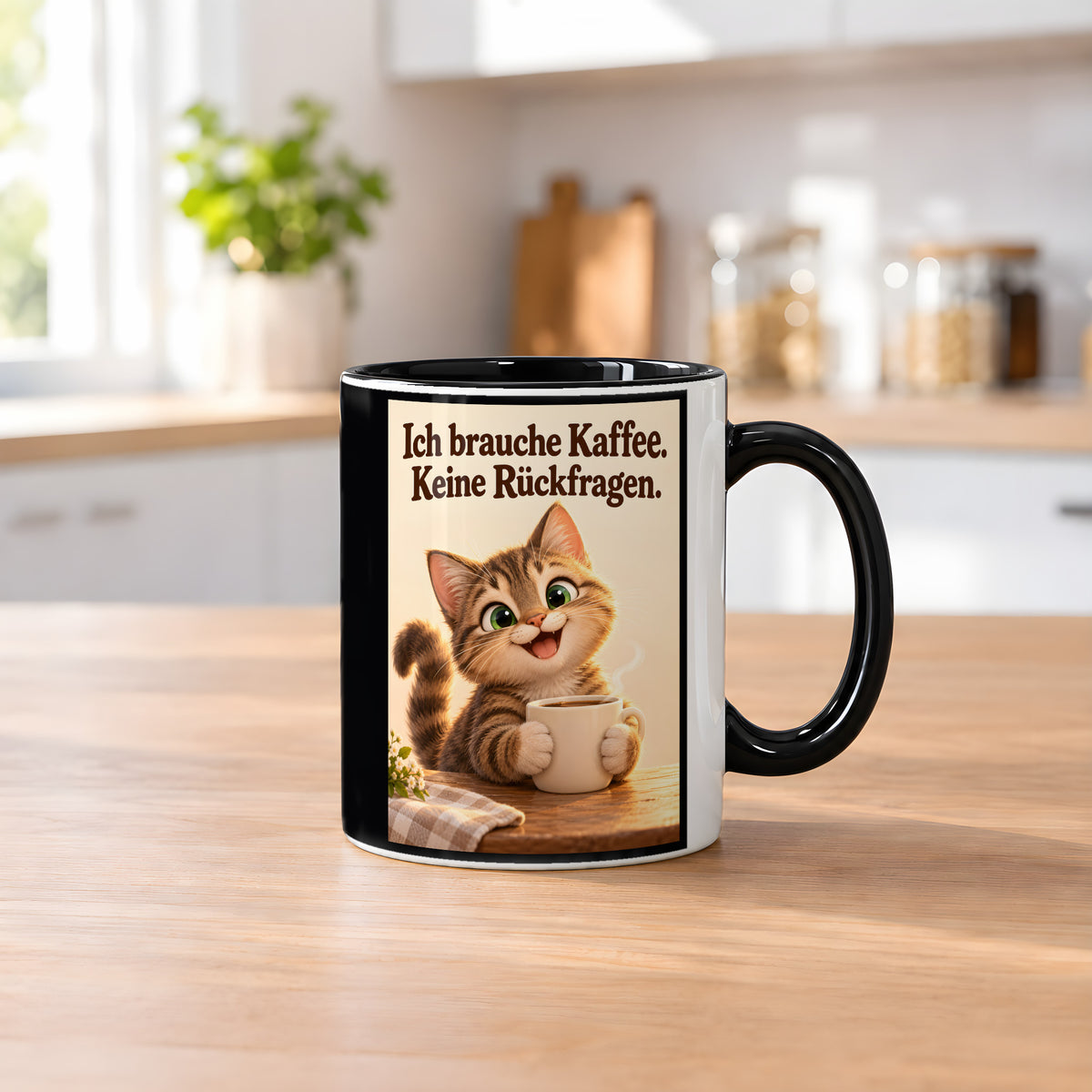 Kaffeeklammerei – Katzentasse mit Spruch. Spruch: Ich brauche Kaffee. Keine Rückfragen. Beidseitige Motivansicht. 2 KUECHE. Innen schwarz.