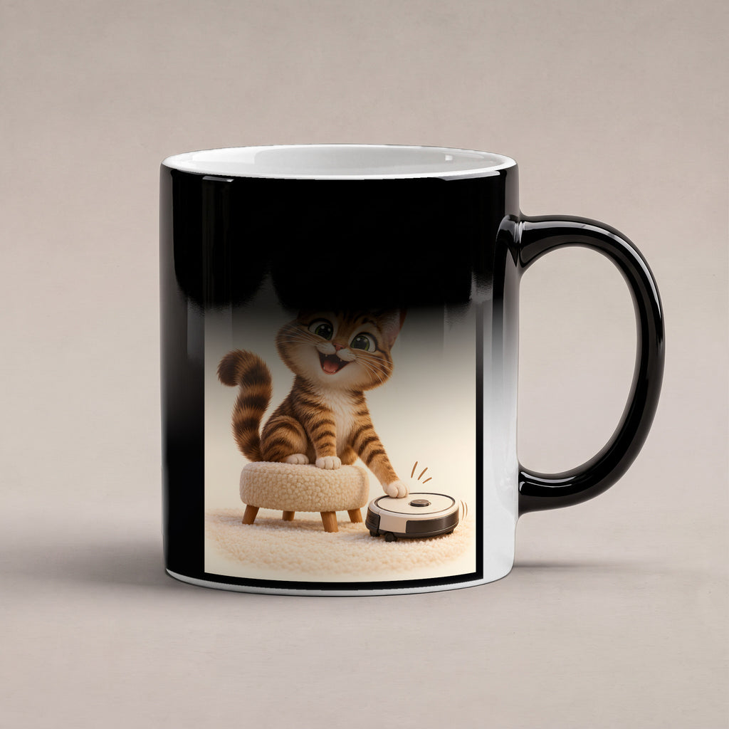 Samtpfotenleitung – Katzentasse mit Spruch. Spruch: Die Katze führt. Ich führe aus. Beidseitige Motivansicht. 6 WAERMEEFFEKT. Zaubertasse: Wärmeeffekt.