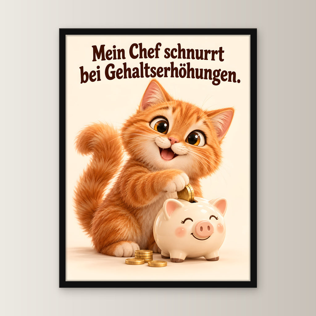 Schnurrende Gehaltserhöhung – Gerahmtes Katzenbild – Frontalansicht im schwarzen Holzrahmen, ohne Passepartout; M 30×40, L 45×60 und XL 60×80 cm.