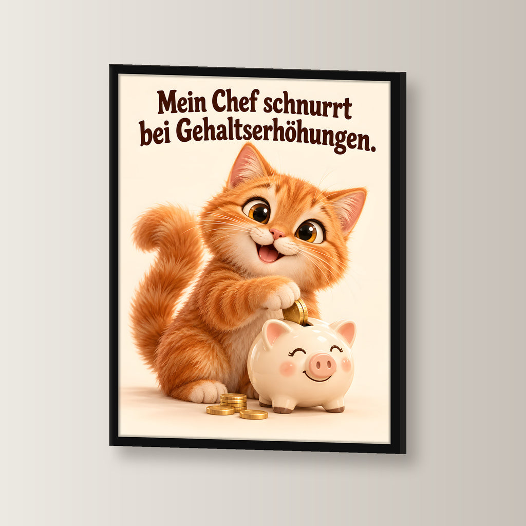 Schnurrende Gehaltserhöhung – Gerahmtes Katzenbild. Spruch: Mein Chef schnurrt bei Gehaltserhöhungen. Schwarzer Rahmen ohne Passepartout. 2 WINKEL. 30×40 cm.