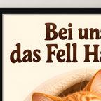 Felliges Hausrecht – Gerahmtes Katzenbild. Spruch: Bei uns hat das Fell Hausrecht. Schwarzer Rahmen ohne Passepartout. 4 RAHMENDETAIL. 30×40 cm.