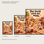 Kissenknetmeister – Gerahmtes Katzenbild. Spruch: Der Gerät wird nie müde. Schwarzer Rahmen ohne Passepartout. 5 GROESSEN. M 30×40, L45×60, XL60×80 cm.