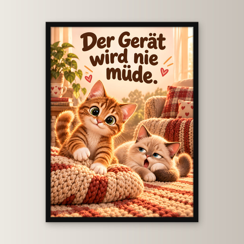 Kissenknetmeister – Gerahmtes Katzenbild – Frontalansicht im schwarzen Holzrahmen, ohne Passepartout; M 30×40, L 45×60 und XL 60×80 cm.