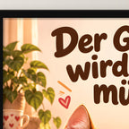 Kissenknetmeister – Gerahmtes Katzenbild. Spruch: Der Gerät wird nie müde. Schwarzer Rahmen ohne Passepartout. 4 RAHMENDETAIL. 30×40 cm.