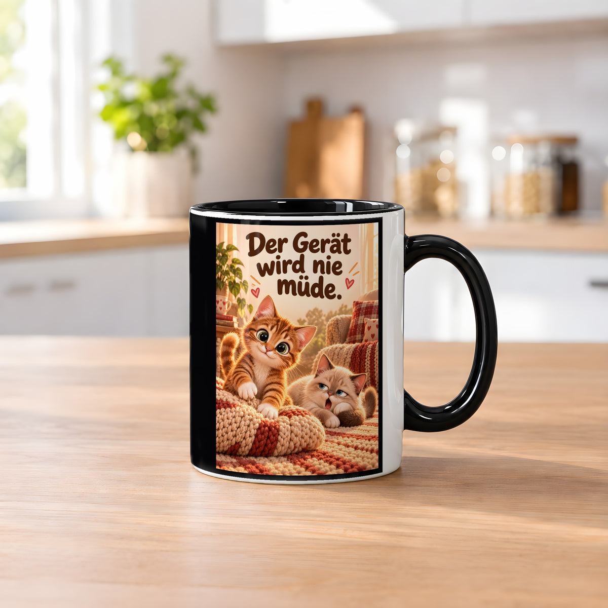 Kissenknetmeister – Katzentasse mit Spruch. Spruch: Der Gerät wird nie müde. Beidseitige Motivansicht. 2 KUECHE. Innen schwarz.