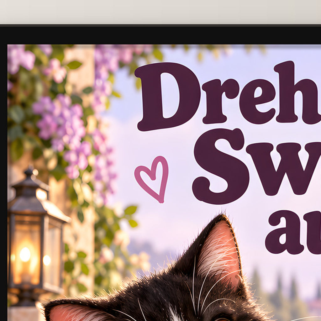 Glückspfoten-High-five – Gerahmtes Katzenbild. Spruch: Dreh den Swag auf. Schwarzer Rahmen ohne Passepartout. 4 RAHMENDETAIL. 30×40 cm.