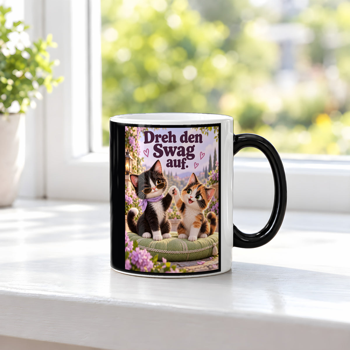 Glückspfoten-High-five – Katzentasse mit Spruch. Spruch: Dreh den Swag auf. Beidseitige Motivansicht. 3 FENSTER HEISS. Zaubertasse: Wärmeeffekt.
