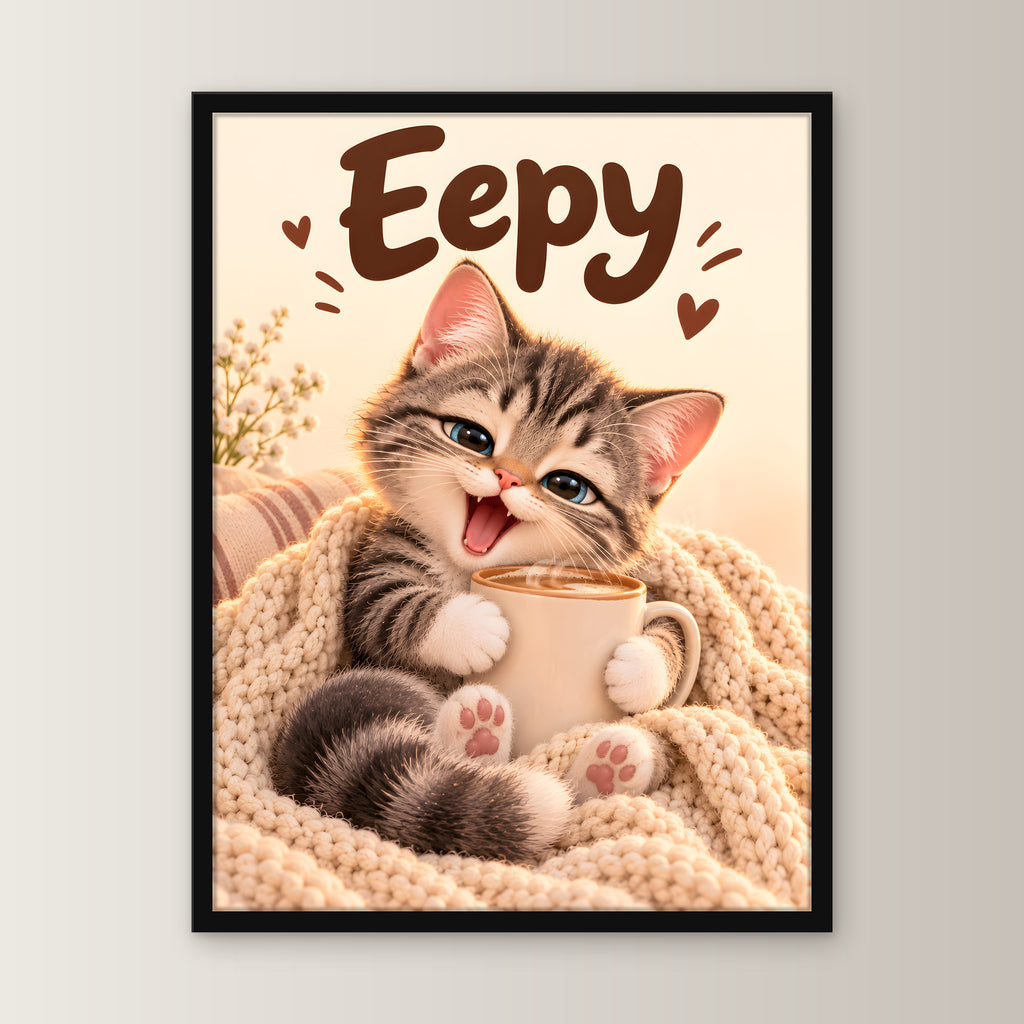 Kleiner Morgenmuffel – Gerahmtes Katzenbild – Frontalansicht im schwarzen Holzrahmen, ohne Passepartout; M 30×40, L 45×60 und XL 60×80 cm.