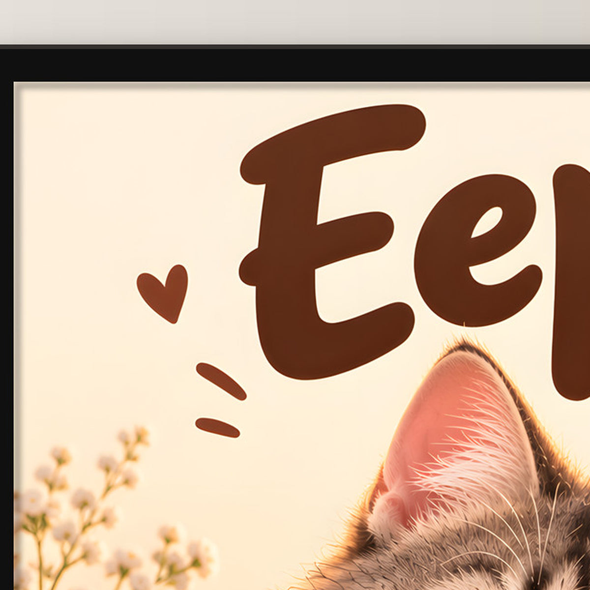 Kleiner Morgenmuffel – Gerahmtes Katzenbild. Spruch: Eepy Schwarzer Rahmen ohne Passepartout. 4 RAHMENDETAIL. 30×40 cm.