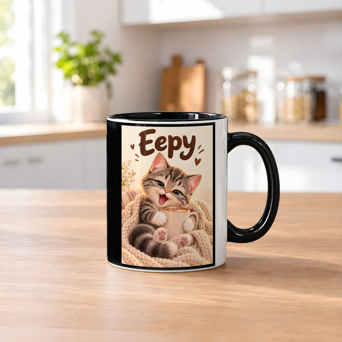 Kleiner Morgenmuffel – Katzentasse mit Spruch. Spruch: Eepy Beidseitige Motivansicht. 2 KUECHE. Innen schwarz.