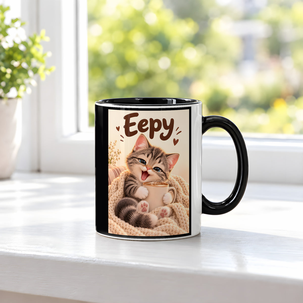 Kleiner Morgenmuffel – Katzentasse mit Spruch. Spruch: Eepy Beidseitige Motivansicht. 3 FENSTER. Innen schwarz.