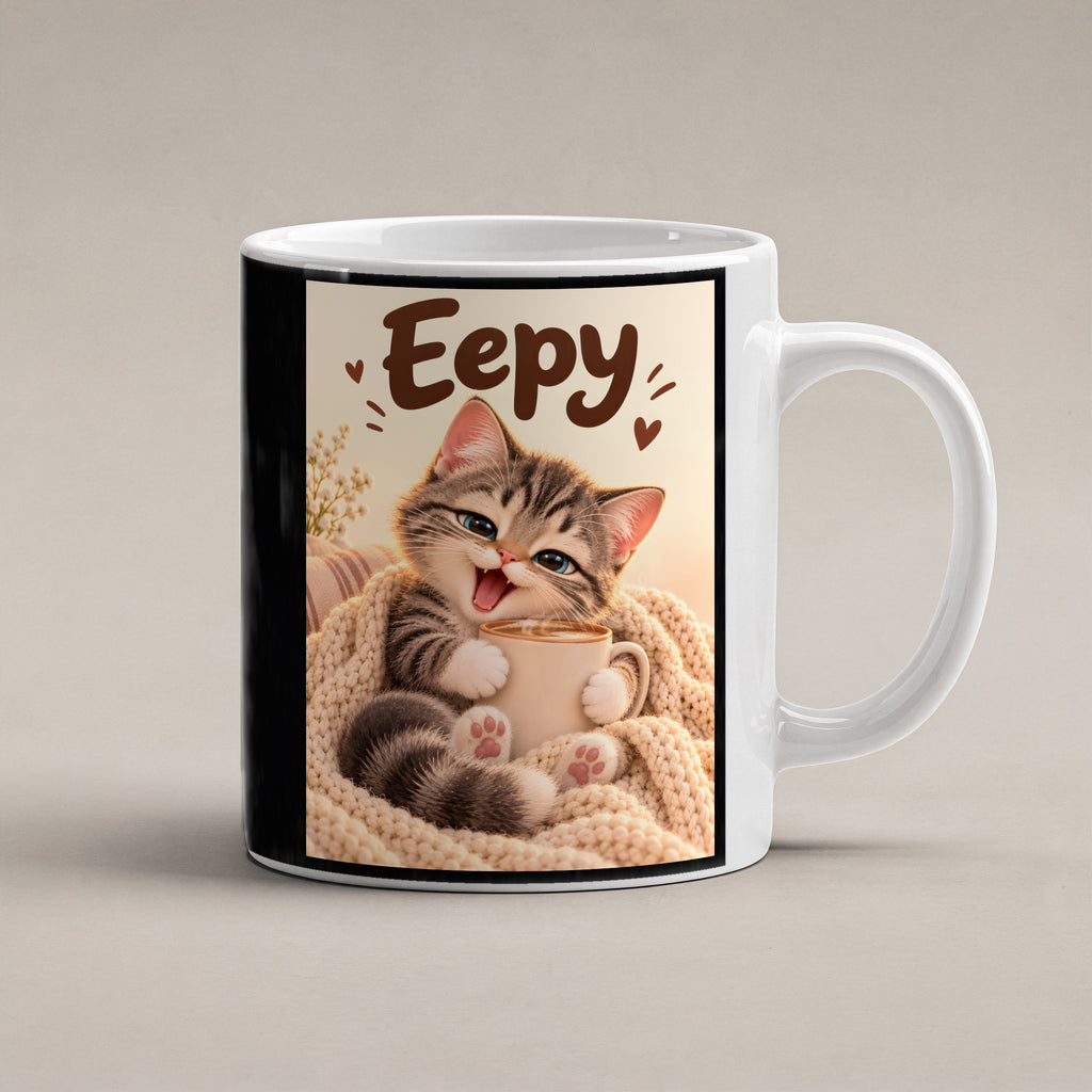 Kleiner Morgenmuffel – Katzentasse mit Spruch. Spruch: Eepy Beidseitige Motivansicht. 1 STUDIO. Weiß.