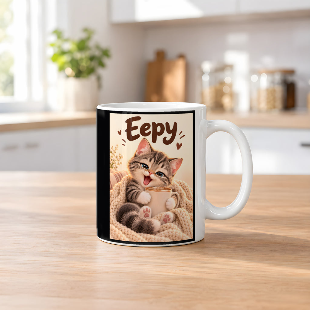 Kleiner Morgenmuffel – Katzentasse mit Spruch. Spruch: Eepy Beidseitige Motivansicht. 2 KUECHE. Weiß.