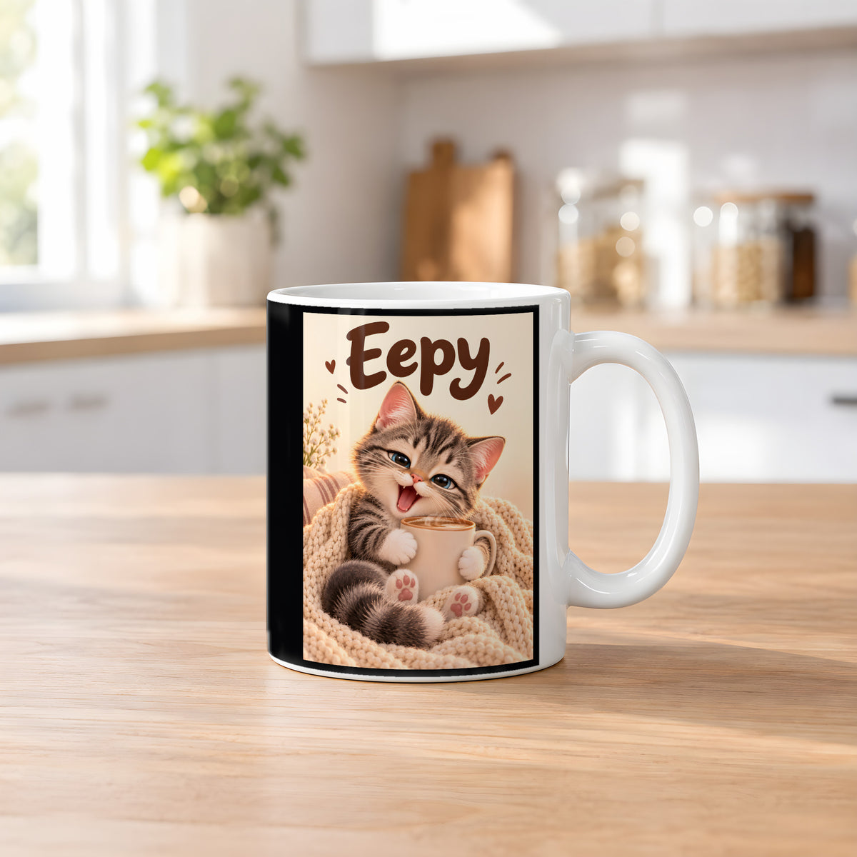 Kleiner Morgenmuffel – Katzentasse mit Spruch. Spruch: Eepy Beidseitige Motivansicht. 2 KUECHE. Weiß.