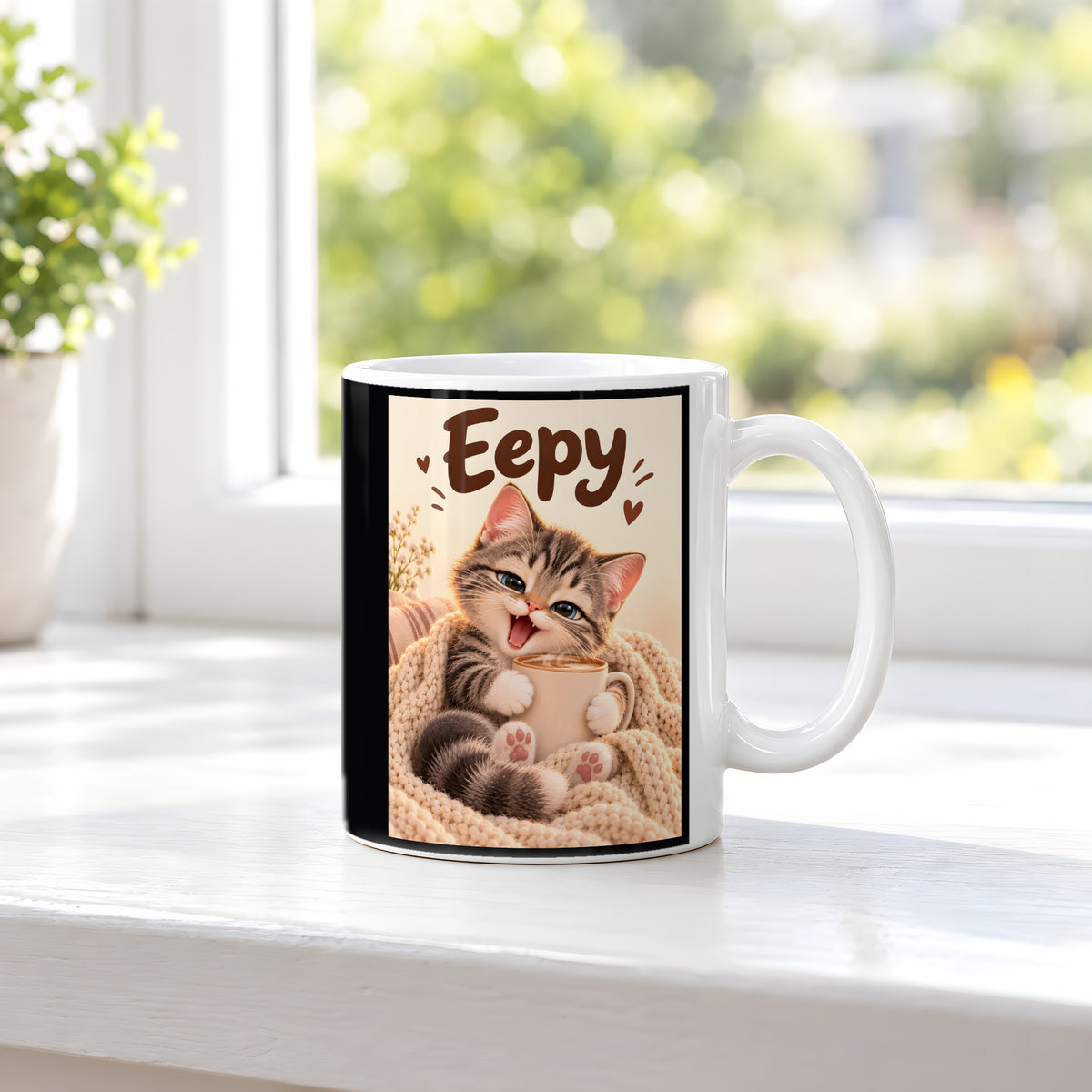 Kleiner Morgenmuffel – Katzentasse mit Spruch. Spruch: Eepy Beidseitige Motivansicht. 3 FENSTER. Weiß.