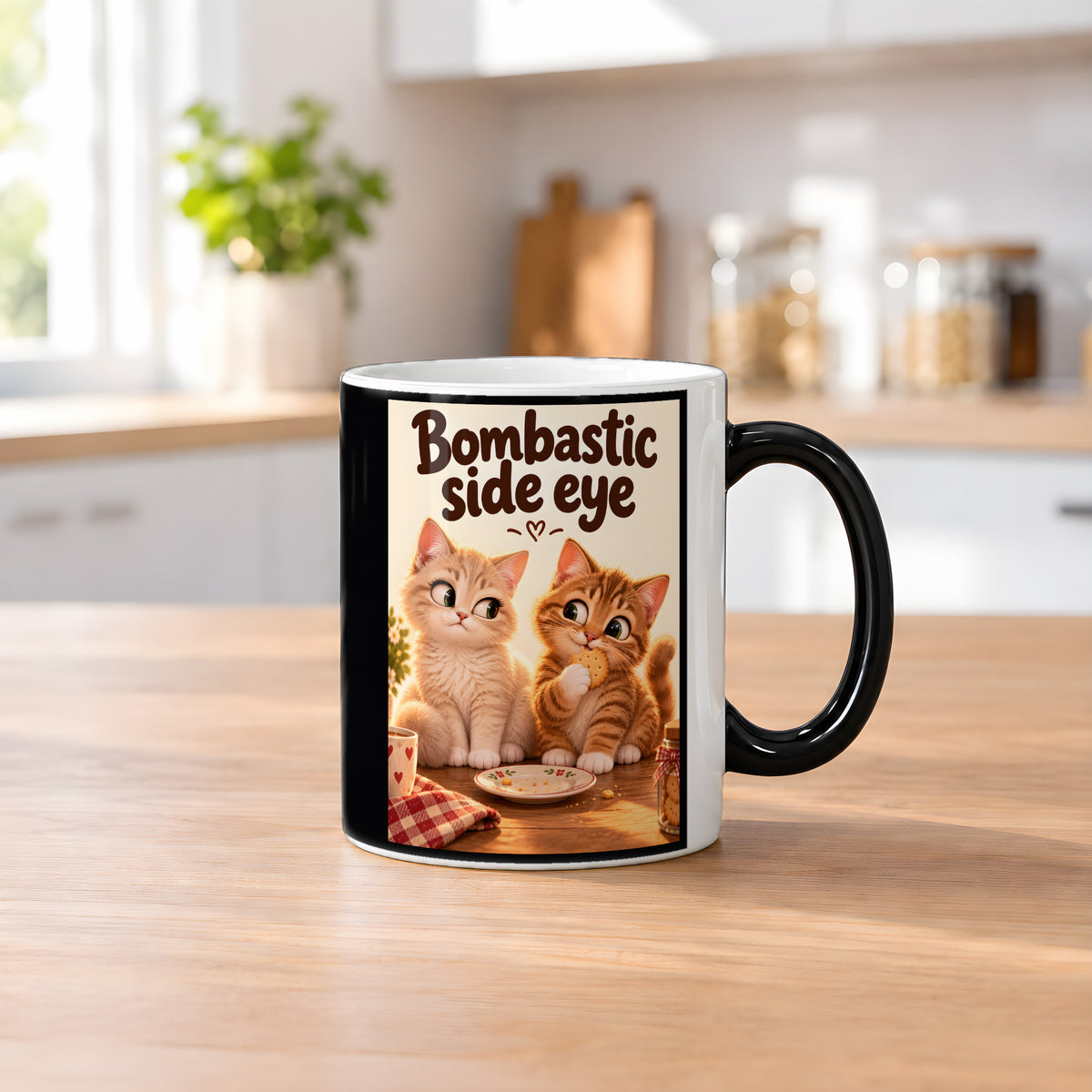 Keksdetektiv – Katzentasse mit Spruch. Spruch: Bombastic side eye Beidseitige Motivansicht. 2 KUECHE HEISS. Zaubertasse: Wärmeeffekt.