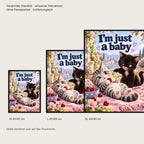 Kirschenunschuld – Gerahmtes Katzenbild. Spruch: I’m just a baby Schwarzer Rahmen ohne Passepartout. 5 GROESSEN. M 30×40, L45×60, XL60×80 cm.