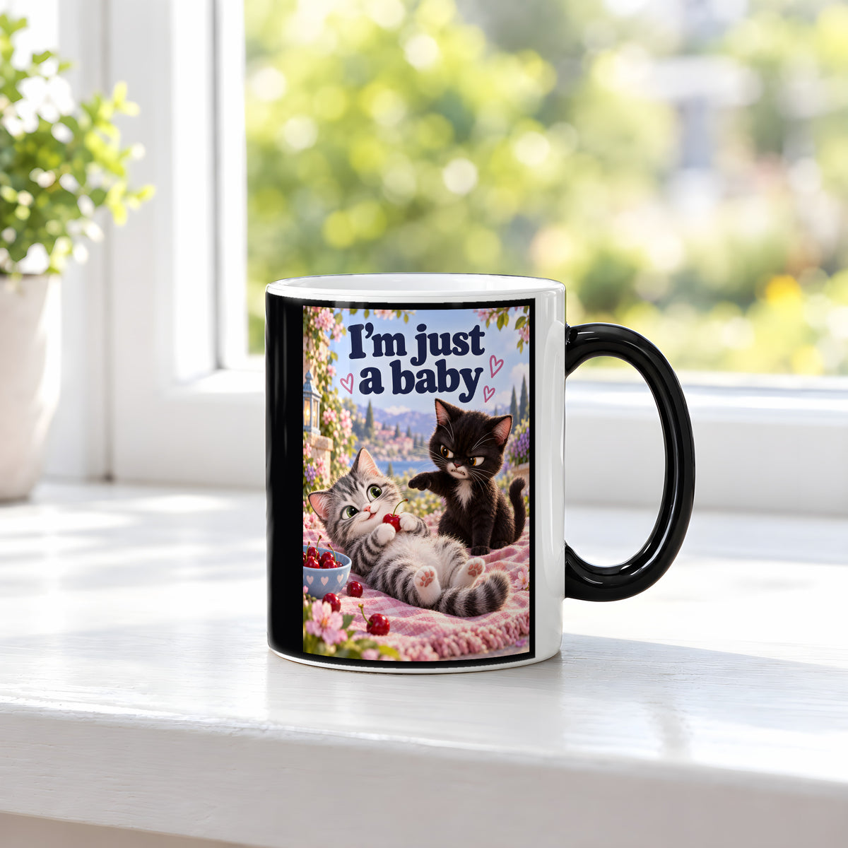 Kirschenunschuld – Katzentasse mit Spruch. Spruch: I’m just a baby Beidseitige Motivansicht. 3 FENSTER HEISS. Zaubertasse: Wärmeeffekt.
