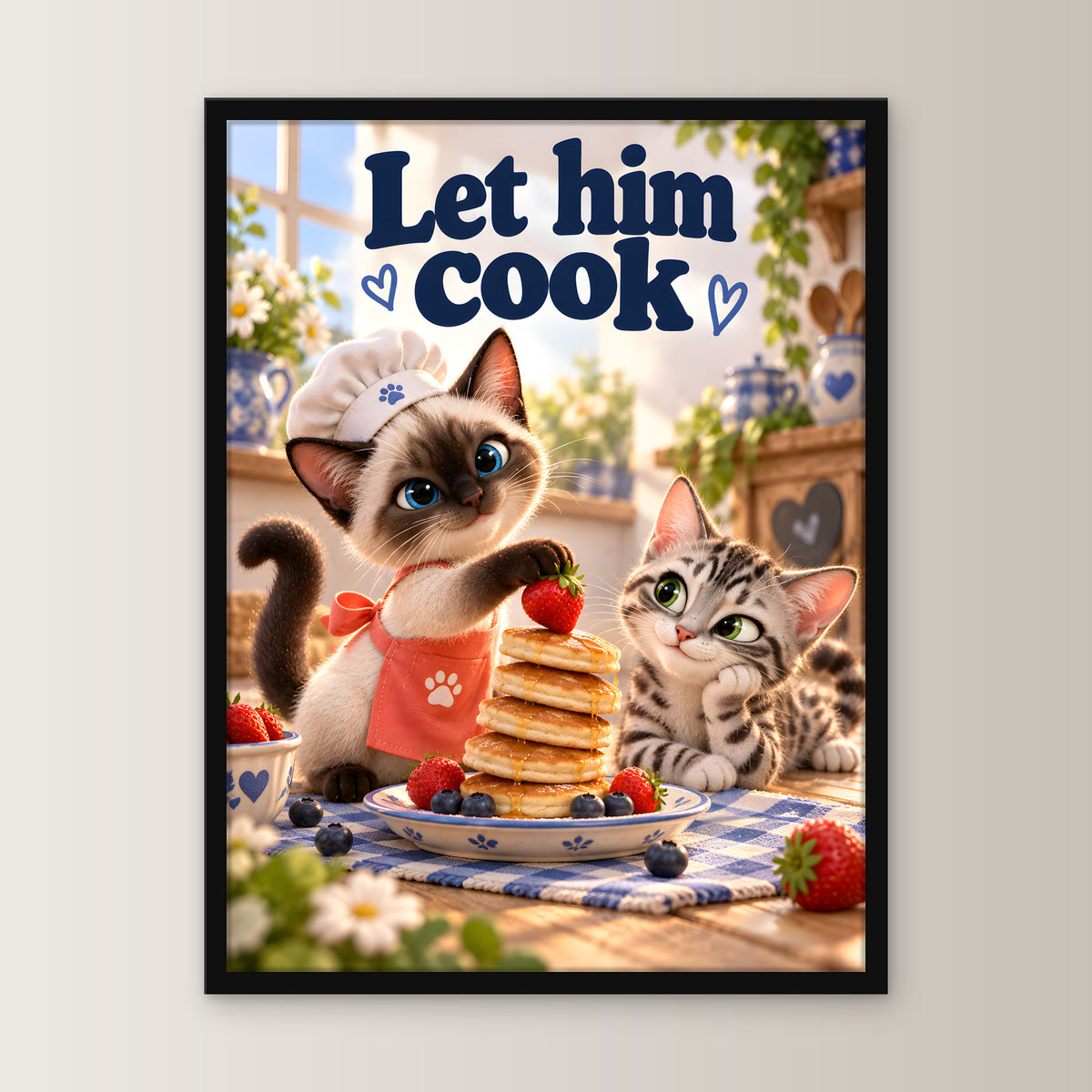 Pfannkuchenchef – Gerahmtes Katzenbild – Frontalansicht im schwarzen Holzrahmen, ohne Passepartout; M 30×40, L 45×60 und XL 60×80 cm.