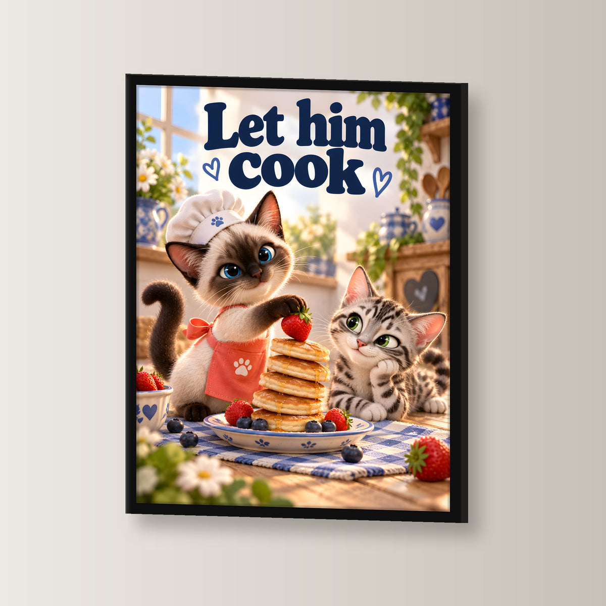 Pfannkuchenchef – Gerahmtes Katzenbild. Spruch: Let him cook Schwarzer Rahmen ohne Passepartout. 2 WINKEL. 30×40 cm.