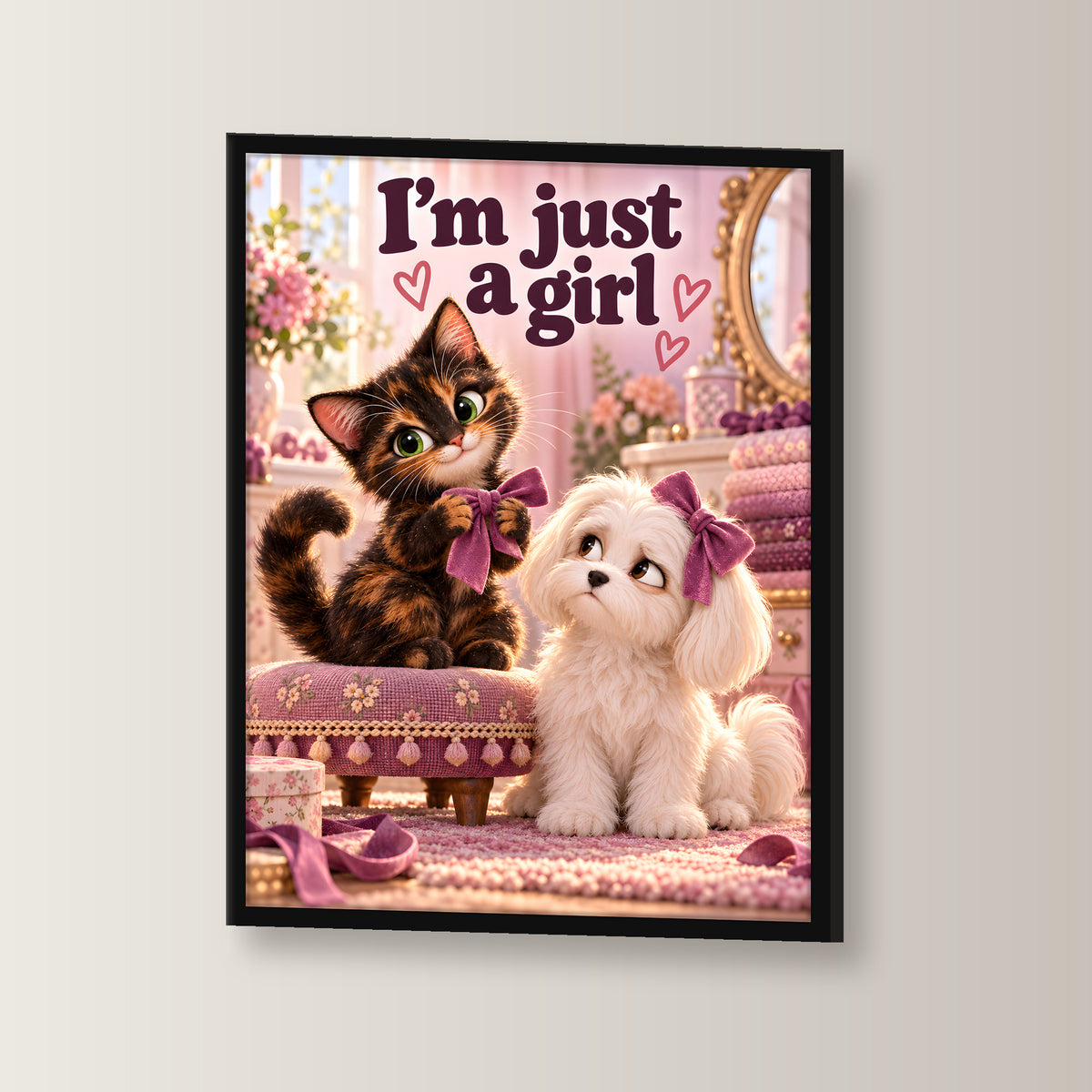 Schleifenkomplott – Gerahmtes Katzenbild. Spruch: I’m just a girl Schwarzer Rahmen ohne Passepartout. 2 WINKEL. 30×40 cm.