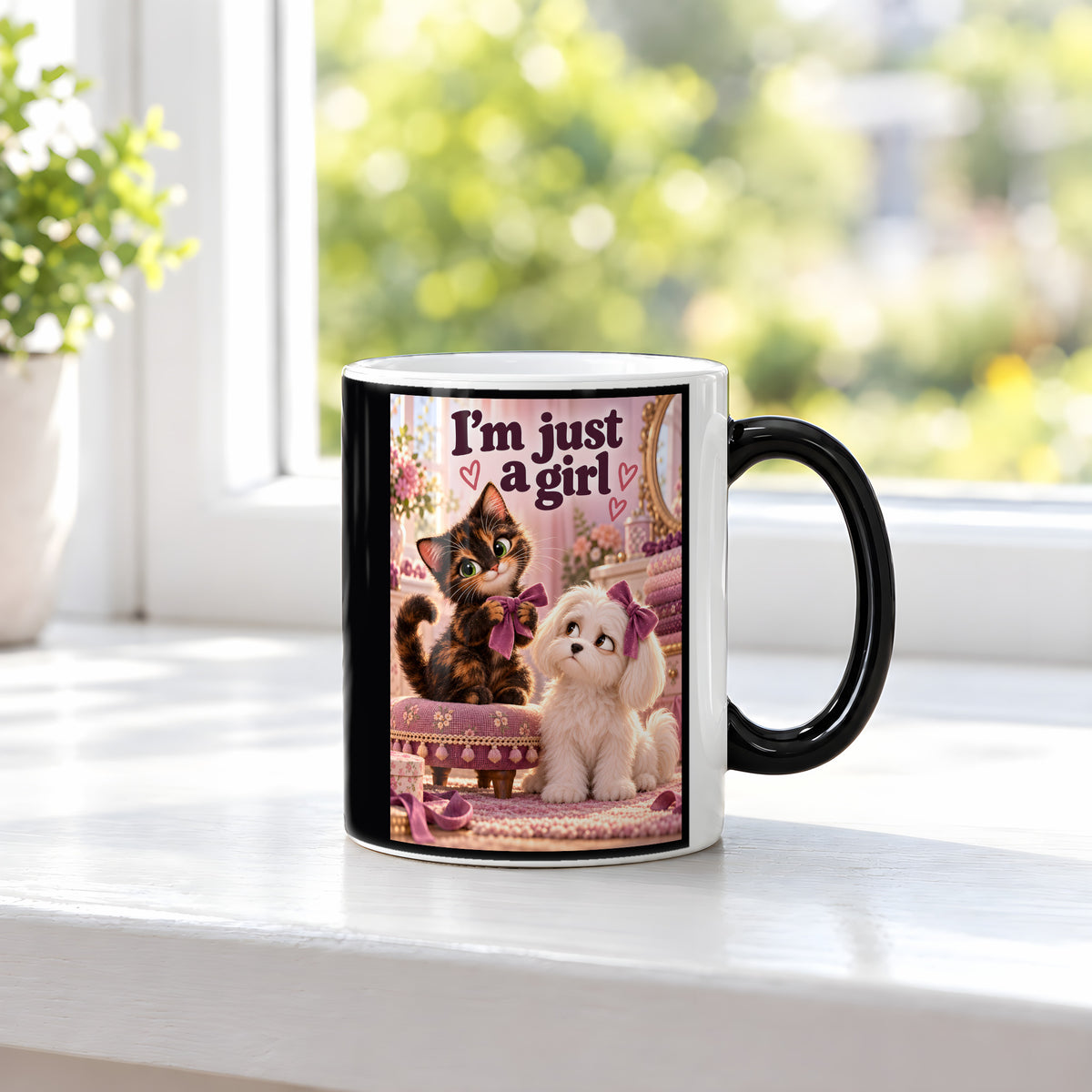 Schleifenkomplott – Katzentasse mit Spruch. Spruch: I’m just a girl Beidseitige Motivansicht. 3 FENSTER HEISS. Zaubertasse: Wärmeeffekt.