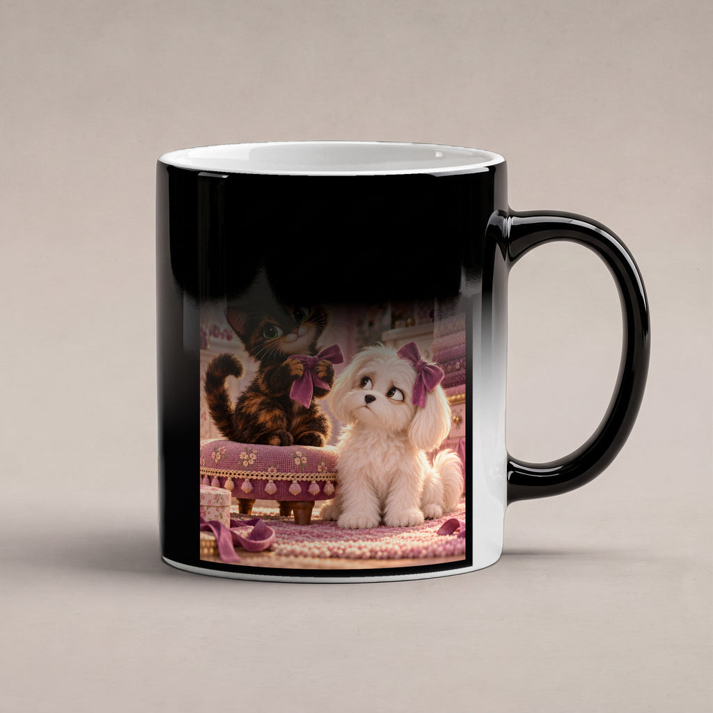 Schleifenkomplott – Katzentasse mit Spruch. Spruch: I’m just a girl Beidseitige Motivansicht. 6 WAERMEEFFEKT. Zaubertasse: Wärmeeffekt.