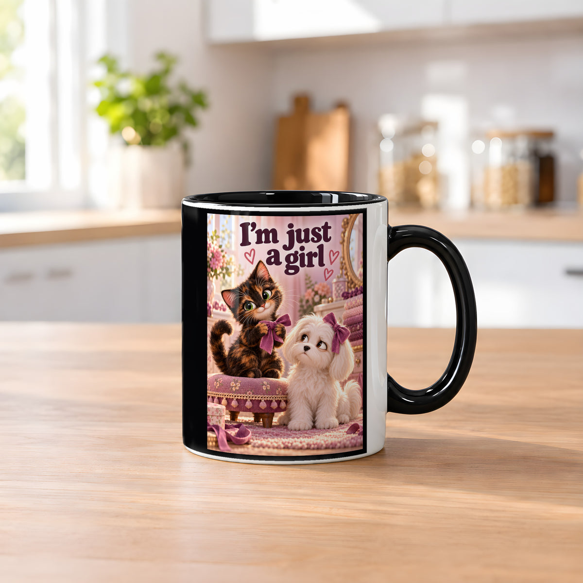 Schleifenkomplott – Katzentasse mit Spruch. Spruch: I’m just a girl Beidseitige Motivansicht. 2 KUECHE. Innen schwarz.