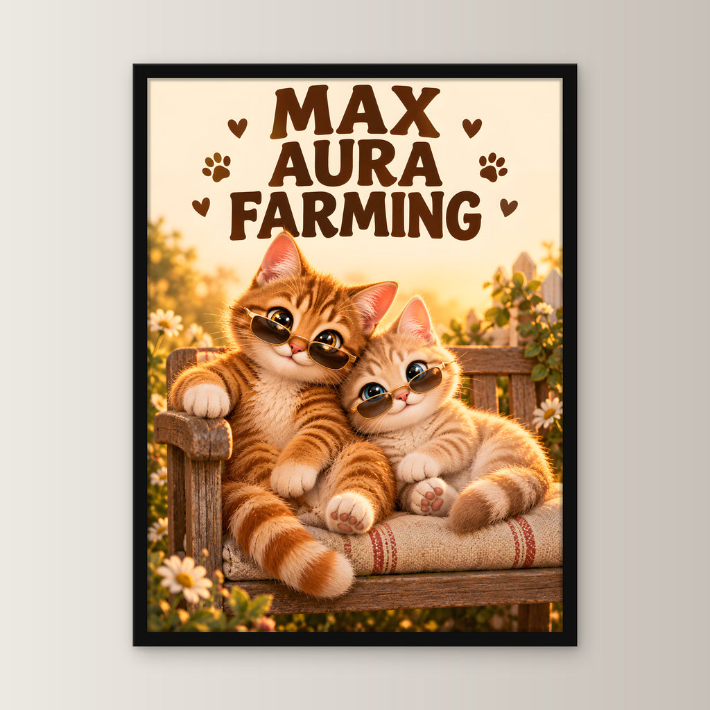 Zwei coole Samtpfoten – Gerahmtes Katzenbild – Frontalansicht im schwarzen Holzrahmen, ohne Passepartout; M 30×40, L 45×60 und XL 60×80 cm.