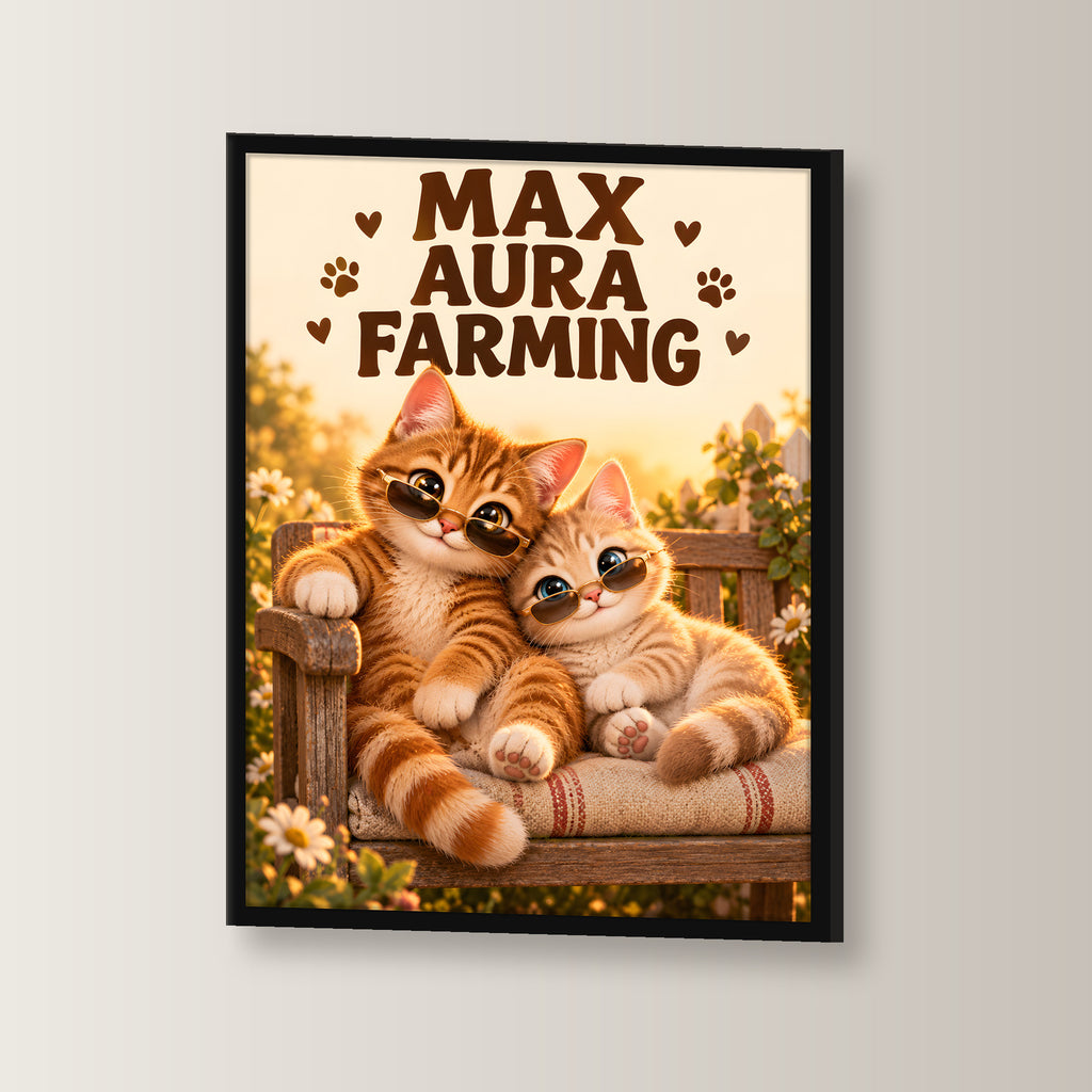 Zwei coole Samtpfoten – Gerahmtes Katzenbild. Spruch: MAX AURA FARMING Schwarzer Rahmen ohne Passepartout. 2 WINKEL. 30×40 cm.