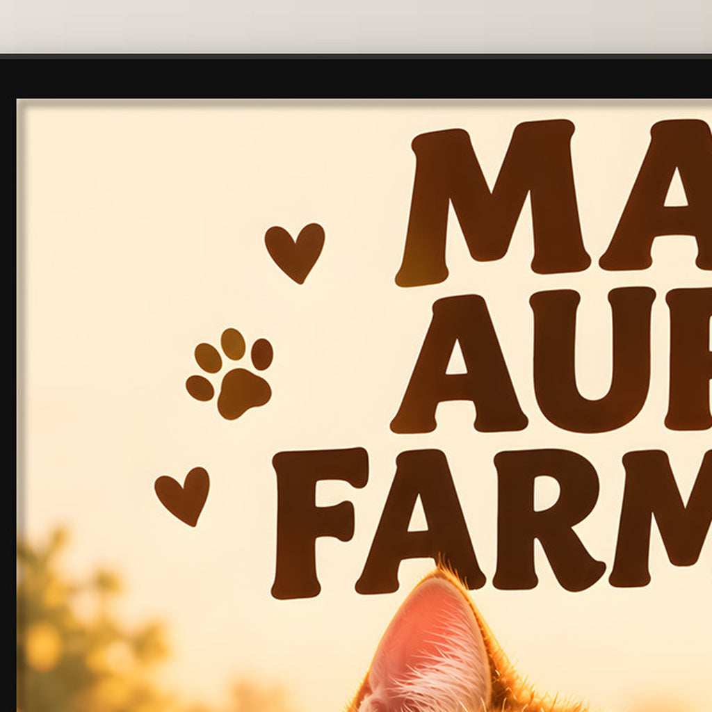Zwei coole Samtpfoten – Gerahmtes Katzenbild. Spruch: MAX AURA FARMING Schwarzer Rahmen ohne Passepartout. 4 RAHMENDETAIL. 30×40 cm.