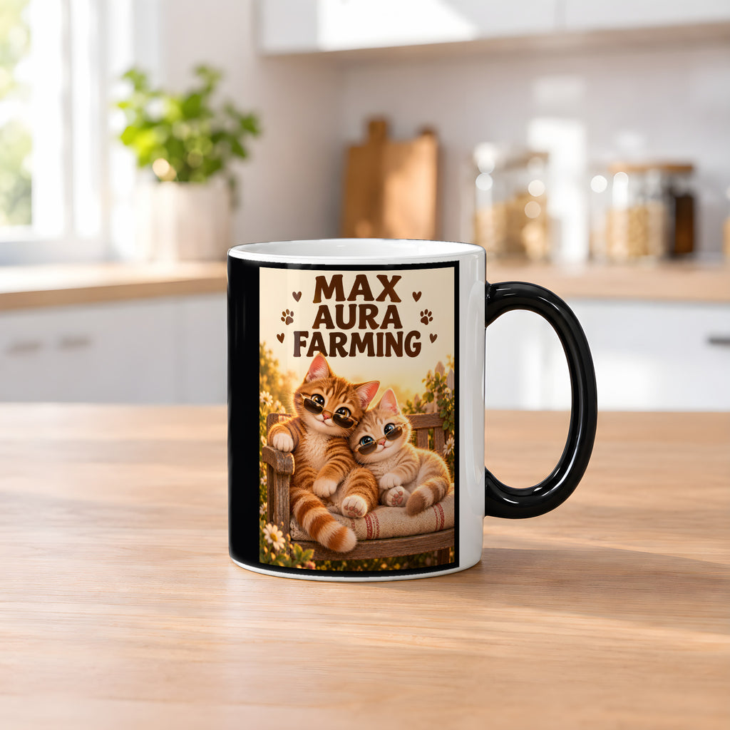 Zwei coole Samtpfoten – Katzentasse mit Spruch. Spruch: MAX AURA FARMING Beidseitige Motivansicht. 2 KUECHE HEISS. Zaubertasse: Wärmeeffekt.