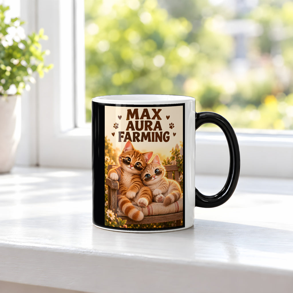 Zwei coole Samtpfoten – Katzentasse mit Spruch. Spruch: MAX AURA FARMING Beidseitige Motivansicht. 3 FENSTER HEISS. Zaubertasse: Wärmeeffekt.