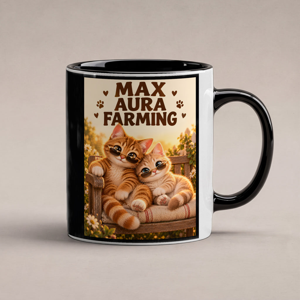 Zwei coole Samtpfoten – Katzentasse mit Spruch. Spruch: MAX AURA FARMING Beidseitige Motivansicht. 1 STUDIO. Innen schwarz.