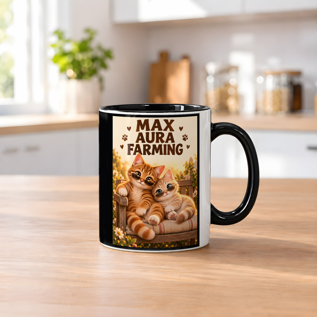 Zwei coole Samtpfoten – Katzentasse mit Spruch. Spruch: MAX AURA FARMING Beidseitige Motivansicht. 2 KUECHE. Innen schwarz.