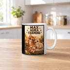 Zwei coole Samtpfoten – Katzentasse mit Spruch. Spruch: MAX AURA FARMING Beidseitige Motivansicht. 2 KUECHE. Weiß.