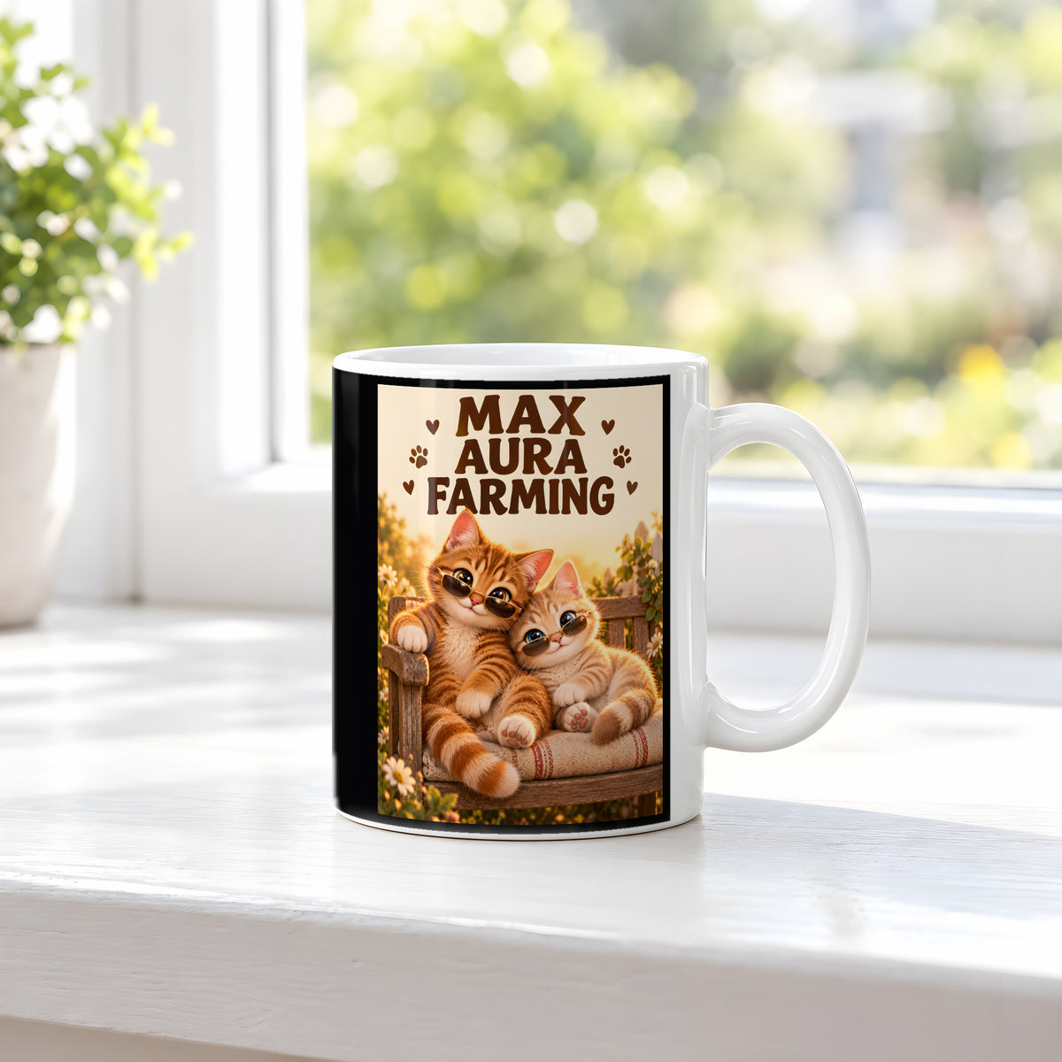Zwei coole Samtpfoten – Katzentasse mit Spruch. Spruch: MAX AURA FARMING Beidseitige Motivansicht. 3 FENSTER. Weiß.