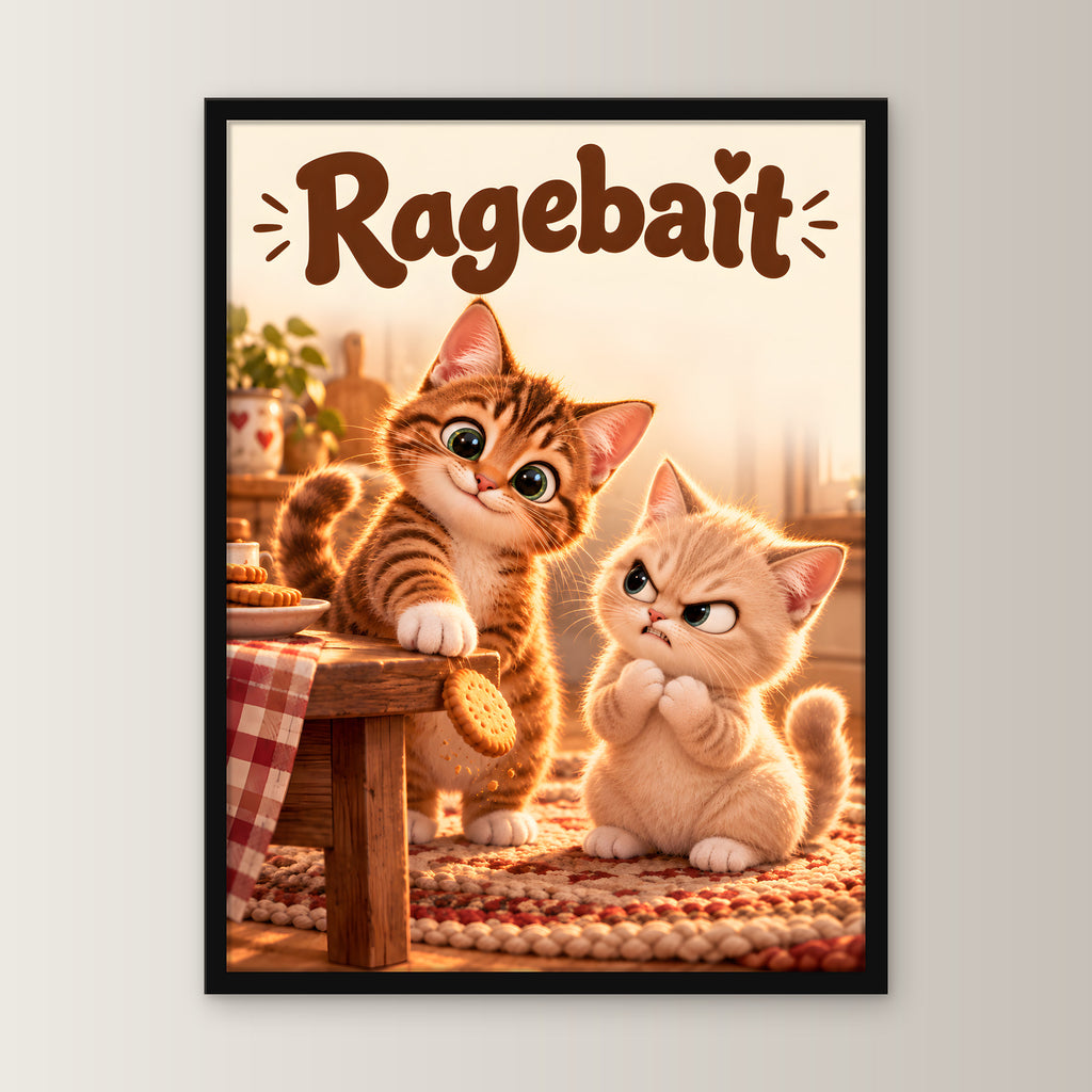 Keks an der Kante – Gerahmtes Katzenbild – Frontalansicht im schwarzen Holzrahmen, ohne Passepartout; M 30×40, L 45×60 und XL 60×80 cm.