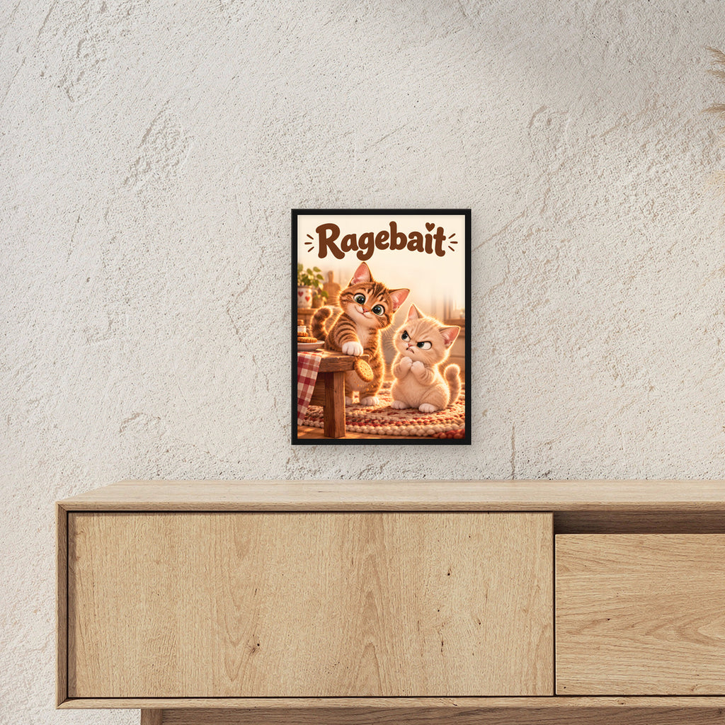 Keks an der Kante – Gerahmtes Katzenbild. Spruch: Ragebait Schwarzer Rahmen ohne Passepartout. 3 RAUM 30x40cm. 30×40 cm.