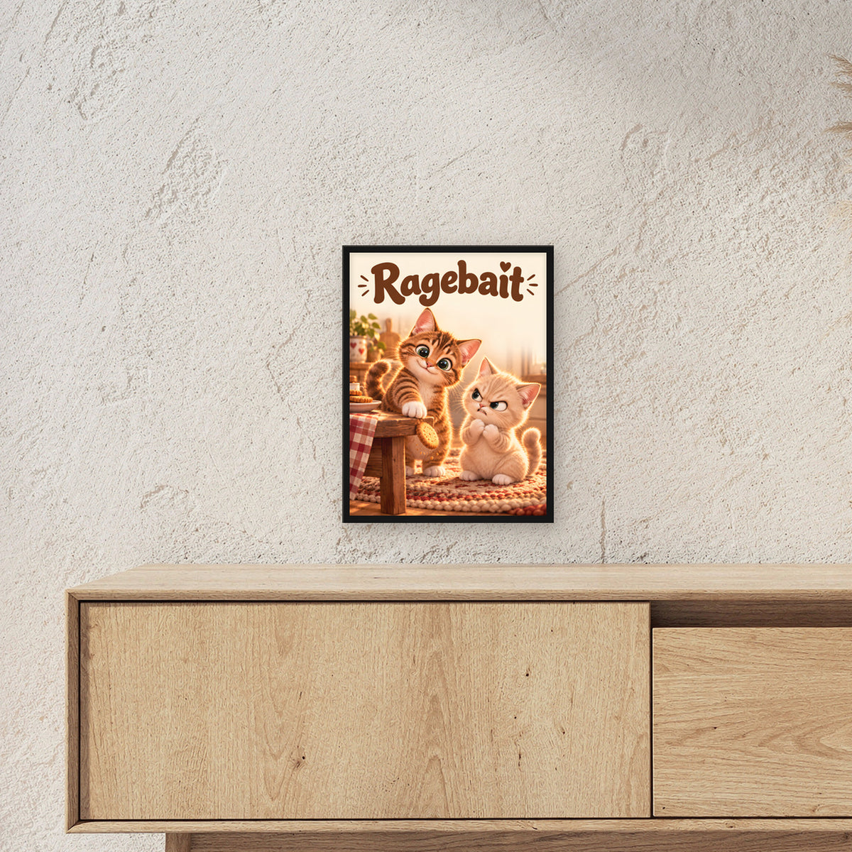 Keks an der Kante – Gerahmtes Katzenbild. Spruch: Ragebait Schwarzer Rahmen ohne Passepartout. 3 RAUM 30x40cm. 30×40 cm.