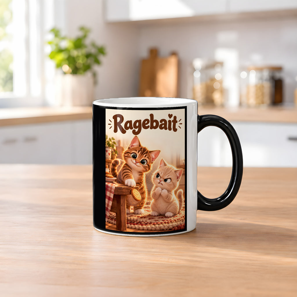 Keks an der Kante – Katzentasse mit Spruch. Spruch: Ragebait Beidseitige Motivansicht. 2 KUECHE HEISS. Zaubertasse: Wärmeeffekt.