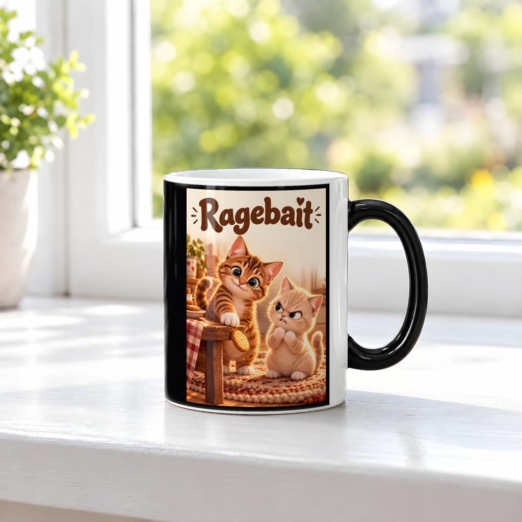Keks an der Kante – Katzentasse mit Spruch. Spruch: Ragebait Beidseitige Motivansicht. 3 FENSTER HEISS. Zaubertasse: Wärmeeffekt.