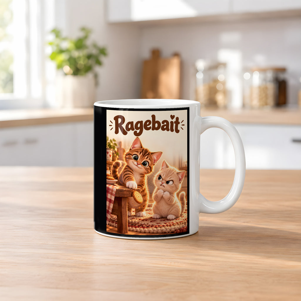 Keks an der Kante – Katzentasse mit Spruch. Spruch: Ragebait Beidseitige Motivansicht. 2 KUECHE. Weiß.
