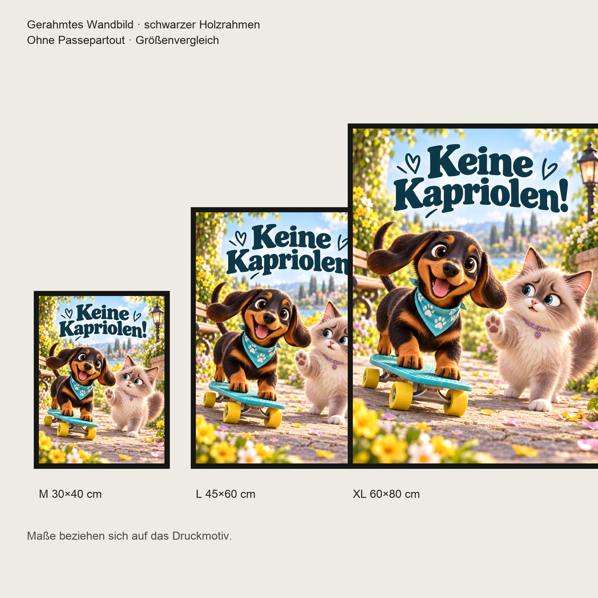 Kleiner Rollbrettheld – Gerahmtes Dackelbild. Spruch: Keine Kapriolen! Schwarzer Rahmen ohne Passepartout. 5 GROESSEN. M 30×40, L45×60, XL60×80 cm.