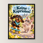 Kleiner Rollbrettheld – Gerahmtes Dackelbild – Frontalansicht im schwarzen Holzrahmen, ohne Passepartout; M 30×40, L 45×60 und XL 60×80 cm.
